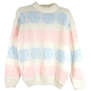 VTG Pullover Sweater Pastel Floral Mock Neck USA 80s Granny Coquette Soft-girl L